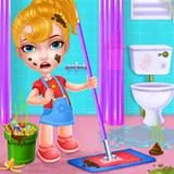 Girl home cleaning fun icon